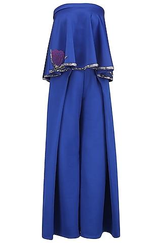 electric blue off shoulder embroidered top and overlap pleated pants