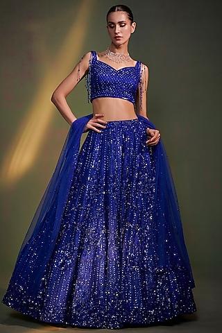 electric blue organza embroidered lehenga set