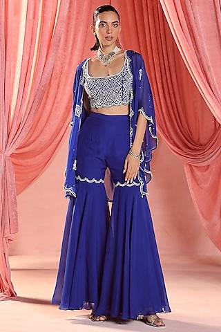 electric blue organza sequins & pearl embroidered cape set