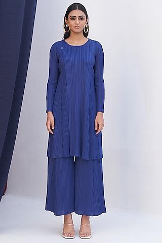 electric blue pleated polyester kurta set