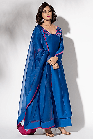 electric blue pure handwoven chanderi embroidered anarkali set