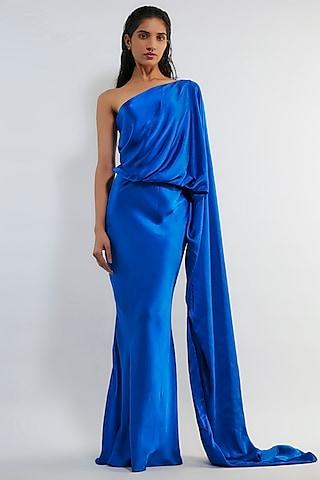 electric blue satin one-shoulder gown