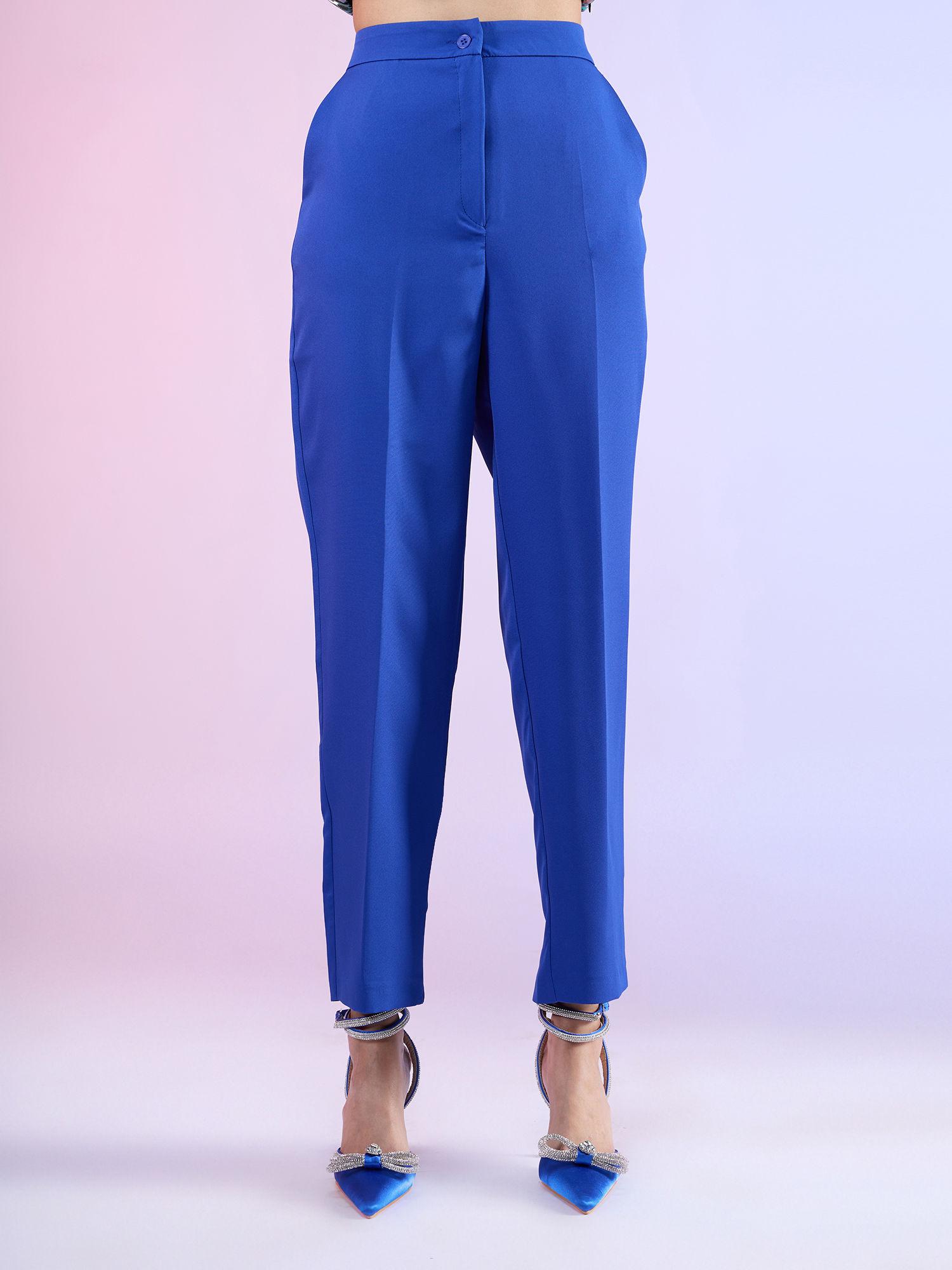 electric blue solid high waist tapered trouser