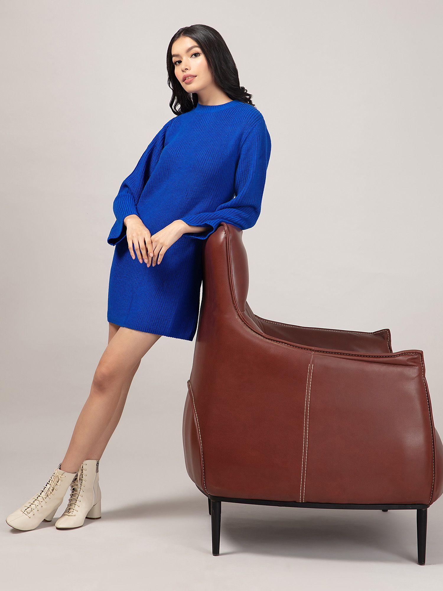 electric blue solid short sweater dress