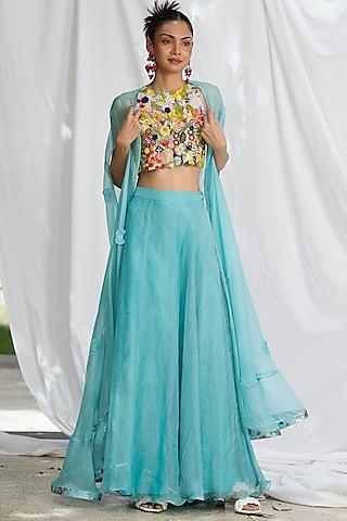 electric blue tissue silk jacket lehenga set