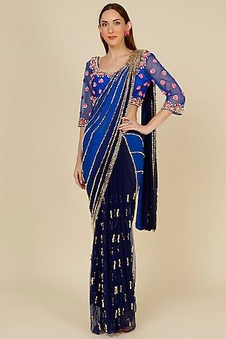 electric blue tulle embellished pre-stitched saree set