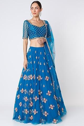 electric blue tulle embroidered lehenga set