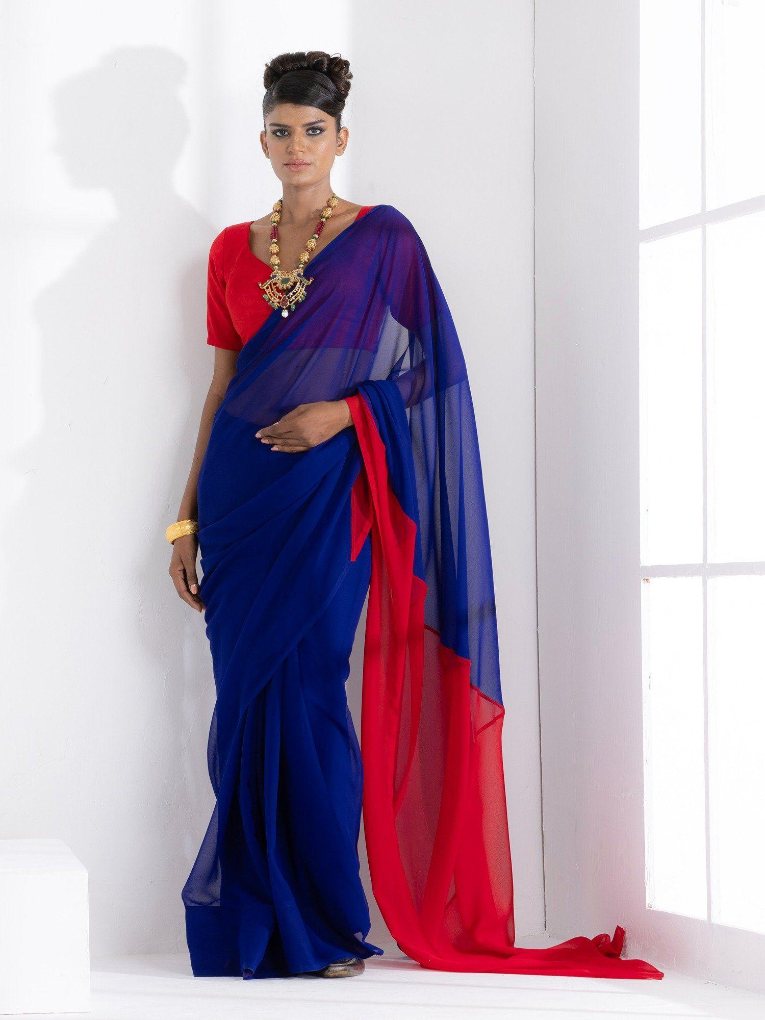 electric navy & red triangle georgette saree with unstitched blouse