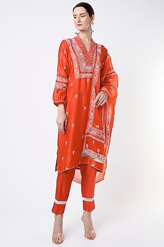 electric orange embroidered straight kurta set