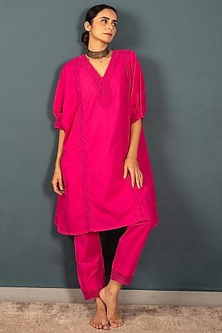 electric pink organic cotton crochet lace kaftan kurta set