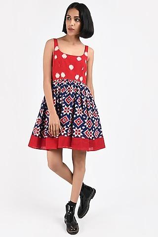 electric red & navy blue printed handcrafted dress