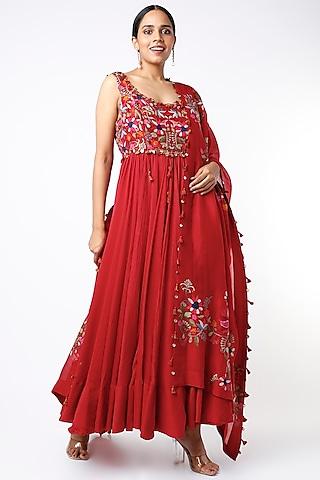 electric red chanderi thread embroidered anarkali kurta set