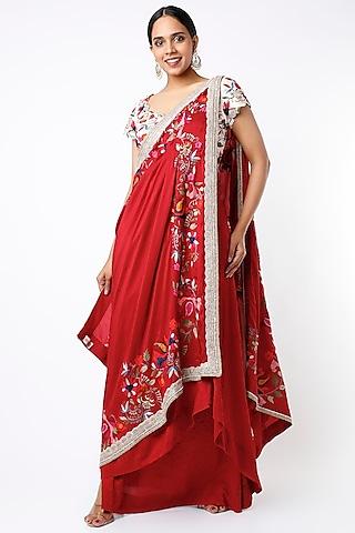 electric red dupion silk draped saree set