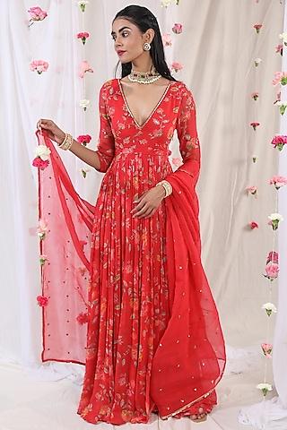 electric red embroidered & printed anarkali set