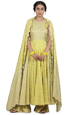 electric yellow hand embroidered anarkali set