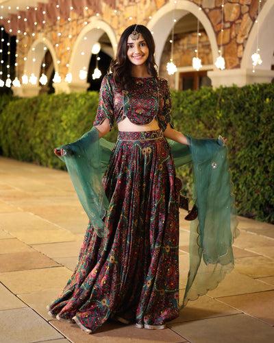 elegance in bloom green printed silk lehenga set