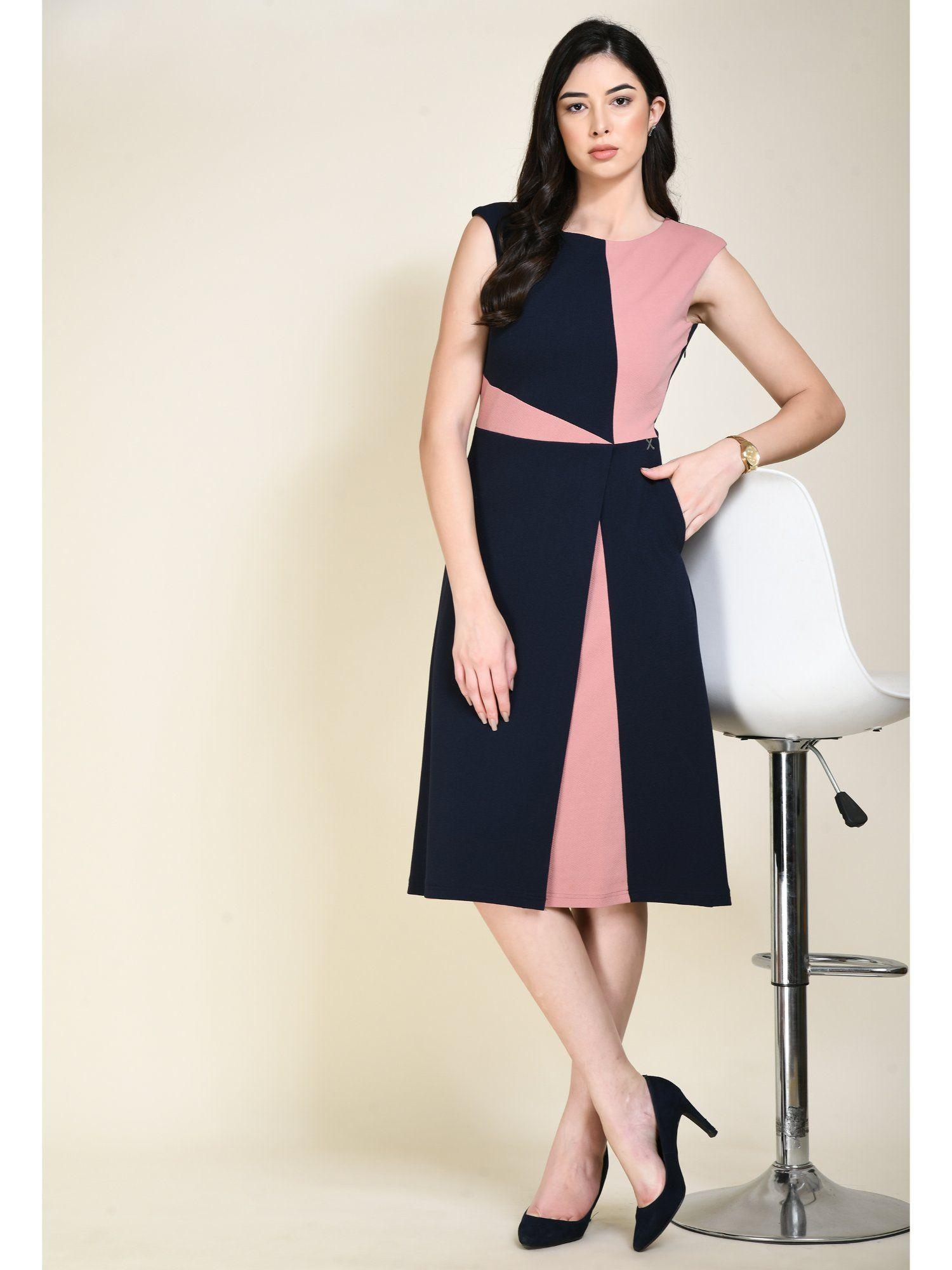 elegance colour blocked a-line wrap dress - navy & pink