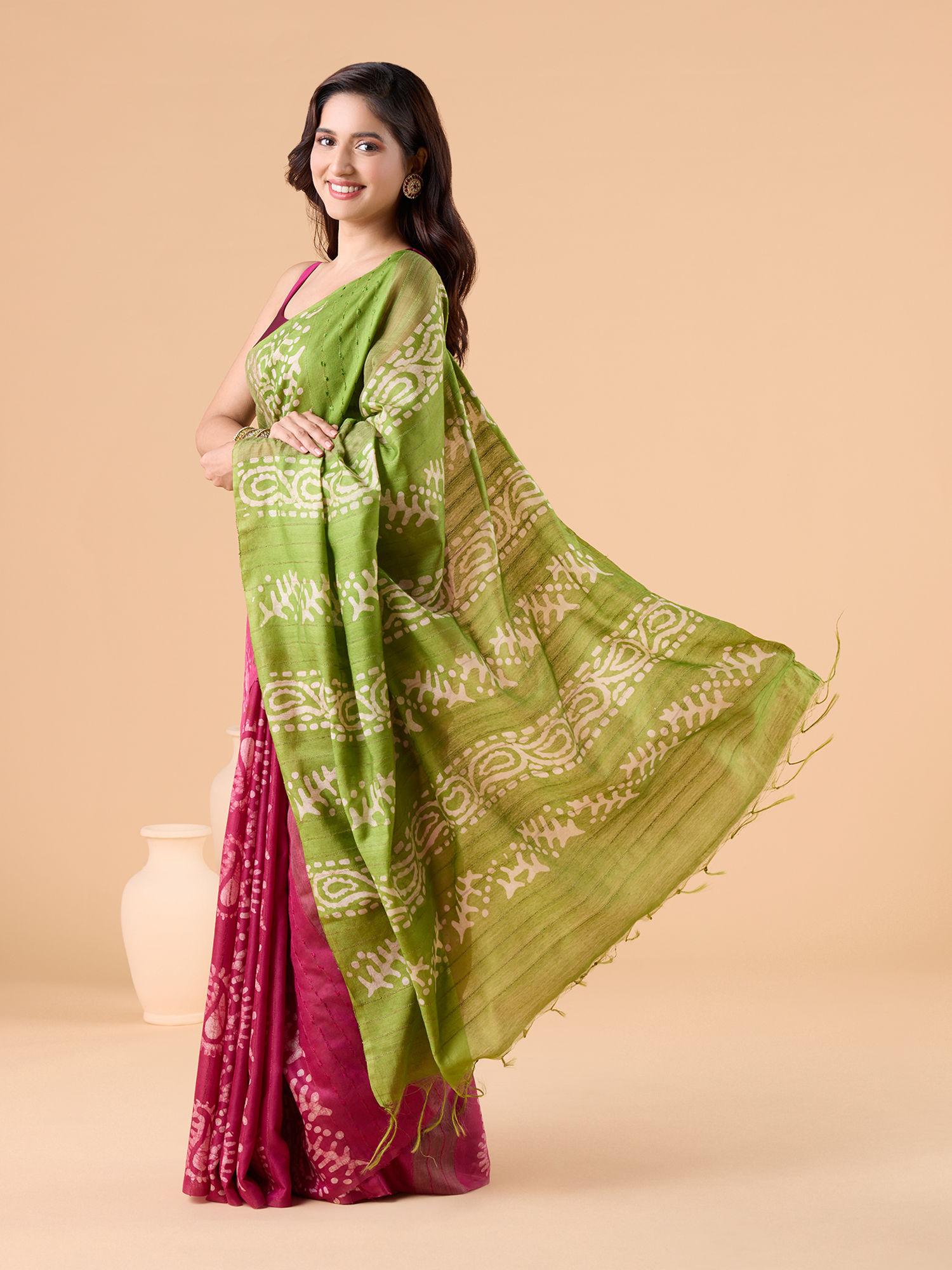 elegant bandhani contrast color blocked pink and green saree & unstitched blouse