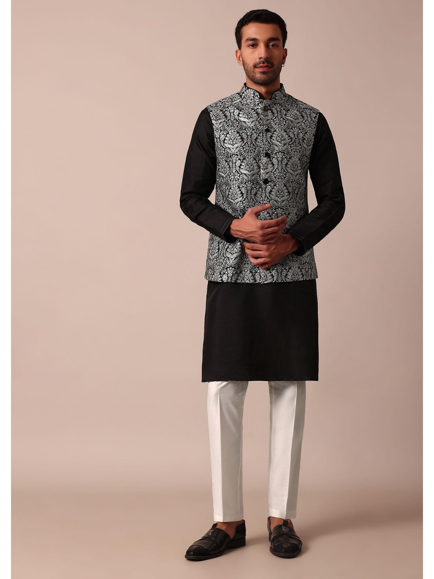 elegant black jacket kurta with pant for men (set of 3)