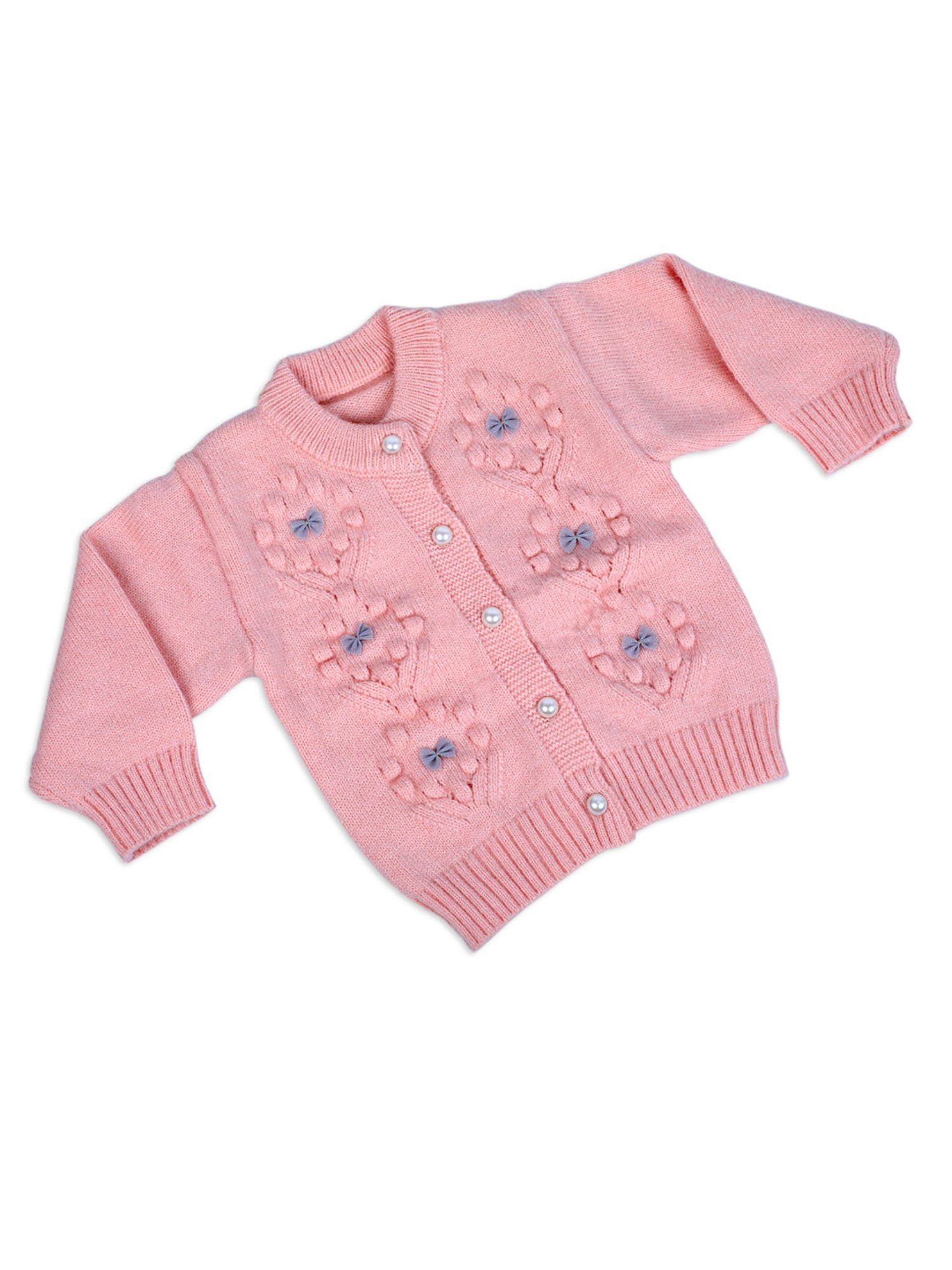 elegant bow and pearl buttons premium full sleeves knitted sweater pink