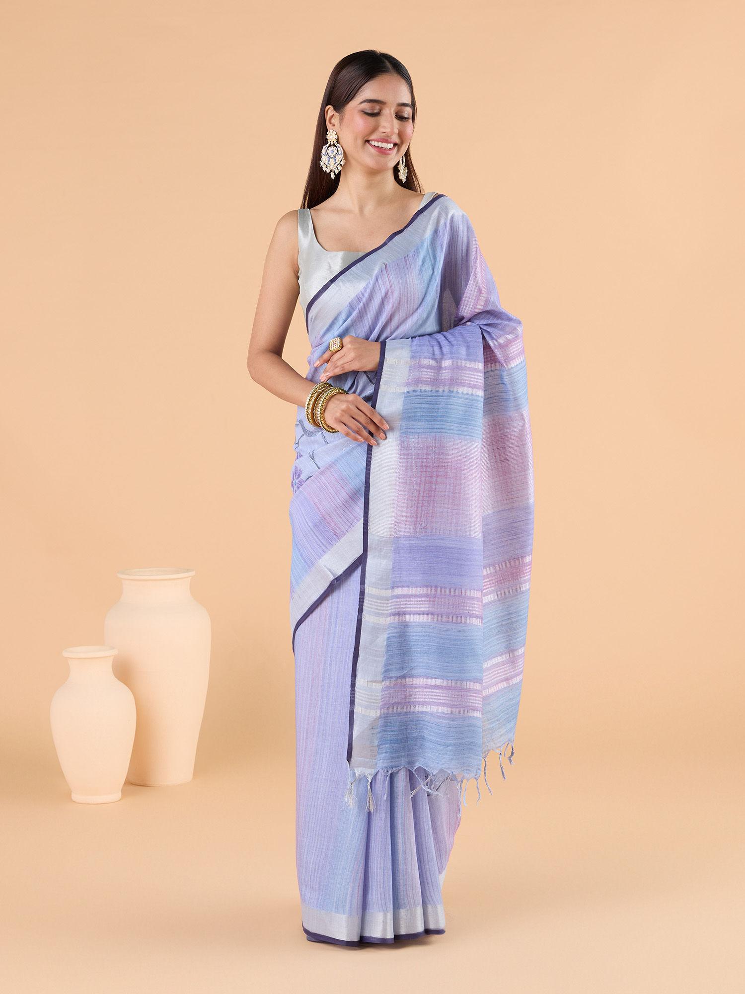 elegant hand painted blended fabric & thread work dual tone saree & unstitched blouse