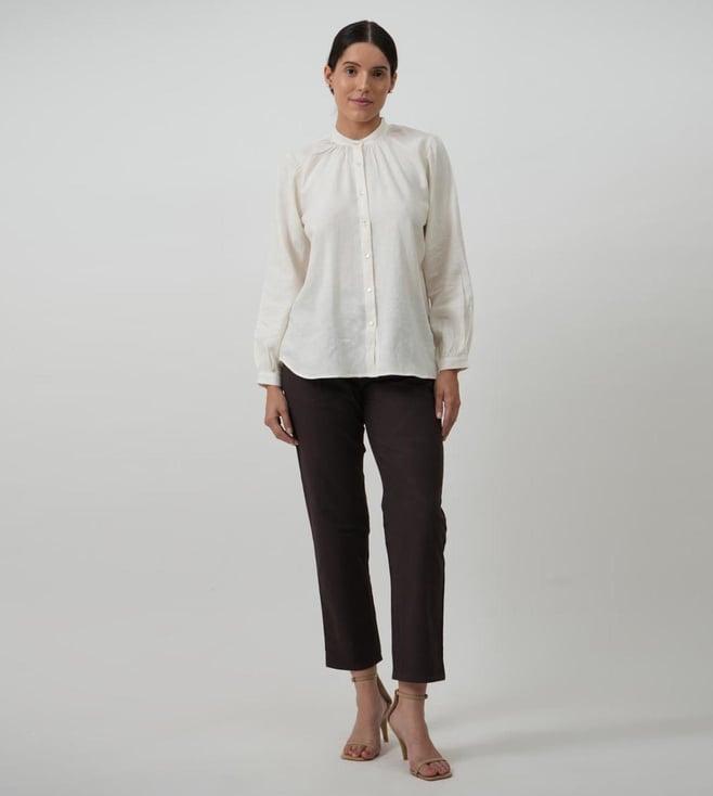 elegant linen cream shirt & coffee brown narrow trouser coord set