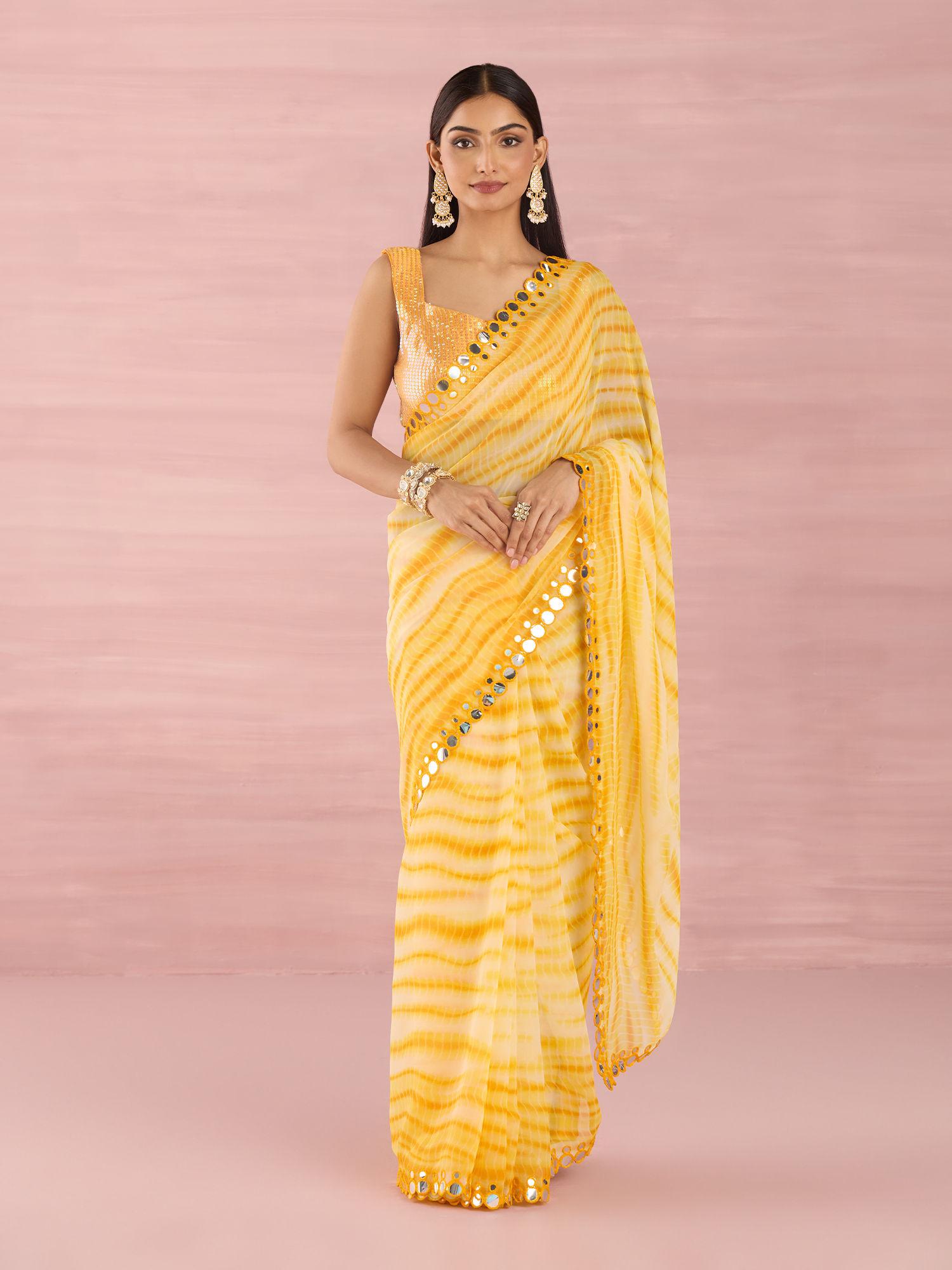 elegant minimal mirror work yellow white printed leheriya saree with unstitched blouse