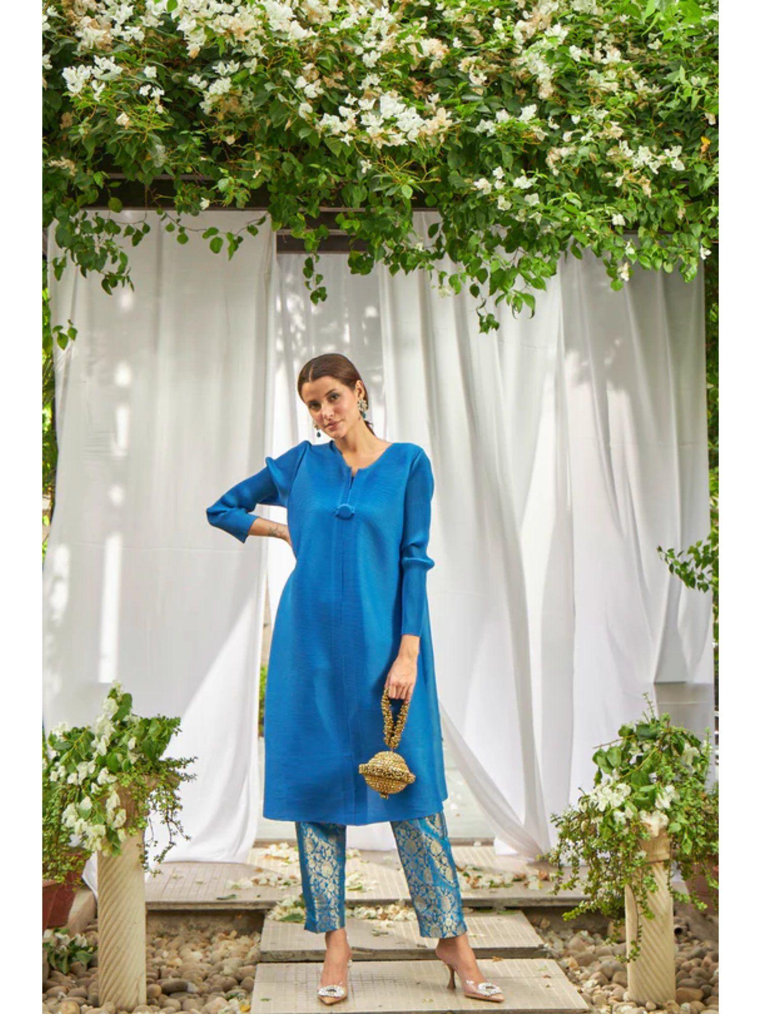 elegant pleated & brocade tunic - teal blue (set of 2)