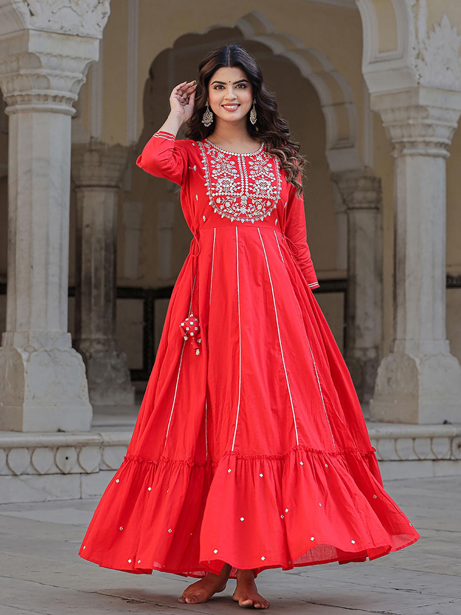 elegant red mirror embellished cotton gown