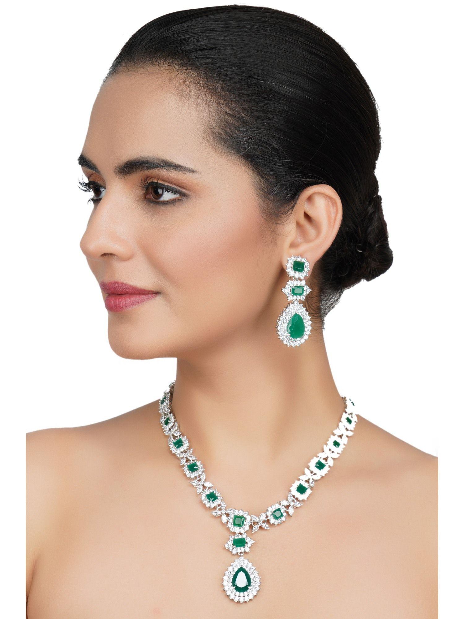 elegant rhodium plated green zircon necklace set