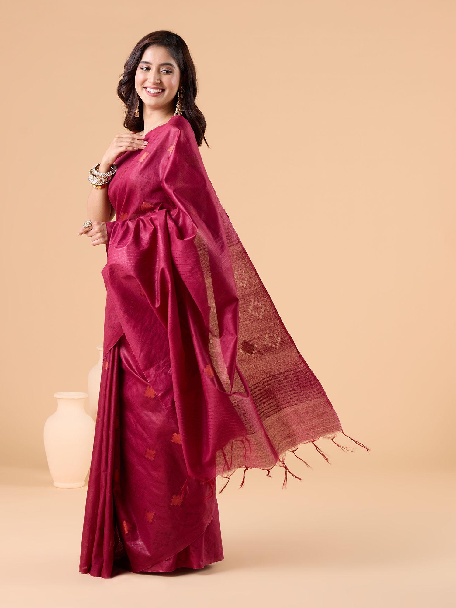 elegant solid self textured with gold motifs striped pallu pink saree & unstitched blouse