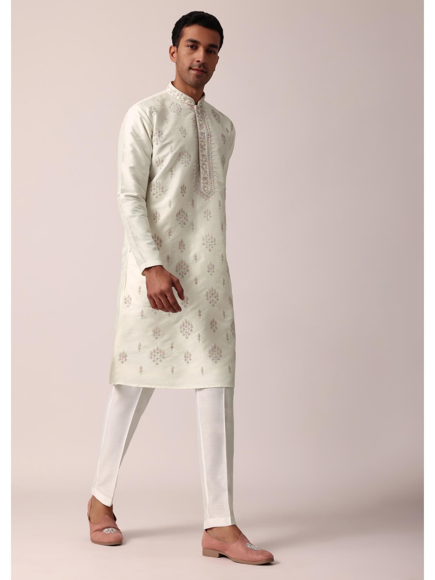 elegant white silk kurta with pant exquisite handwork (set of 2)