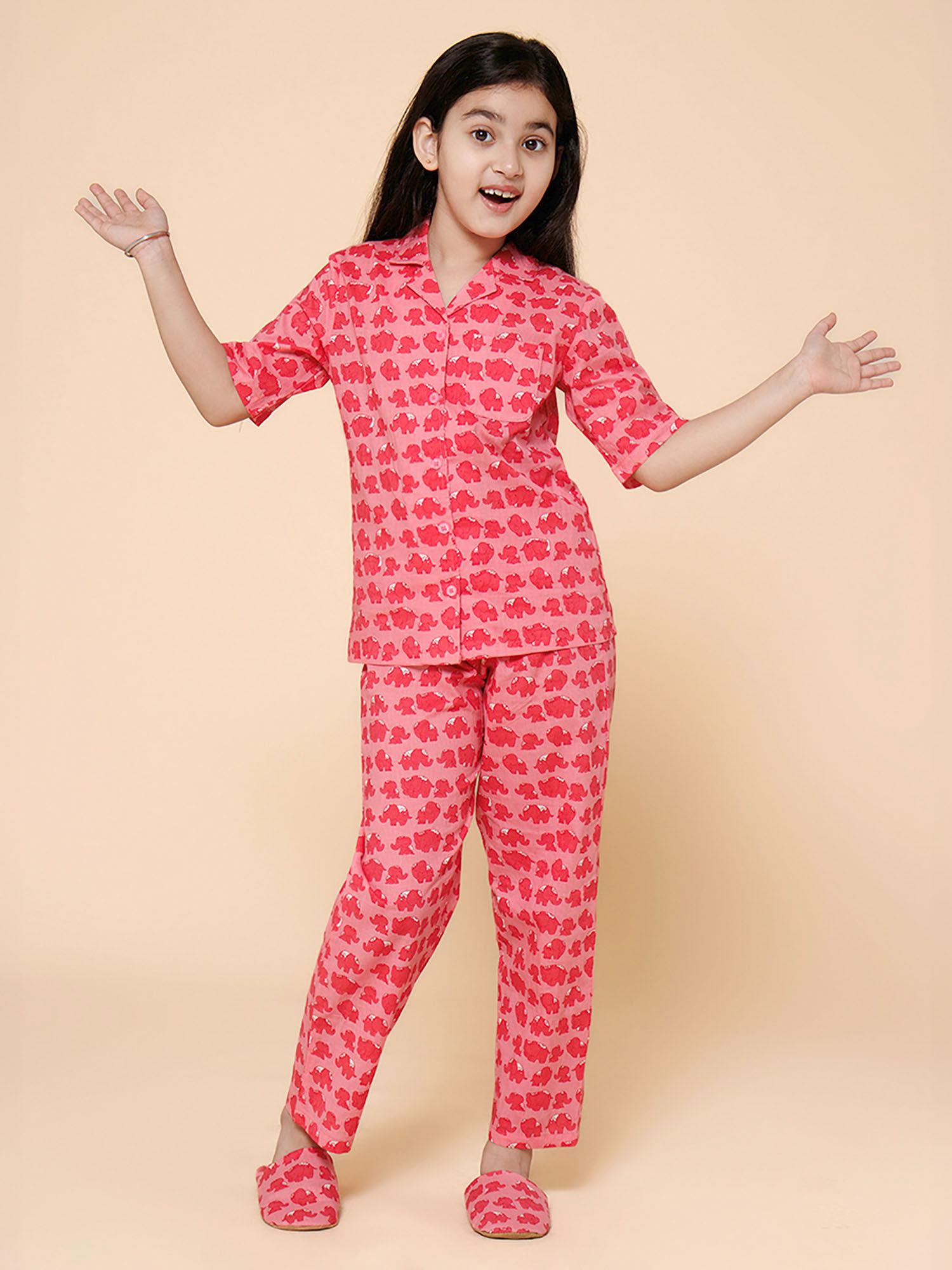 elephant print shirt with pyjama & slipper- pink (set of 3)