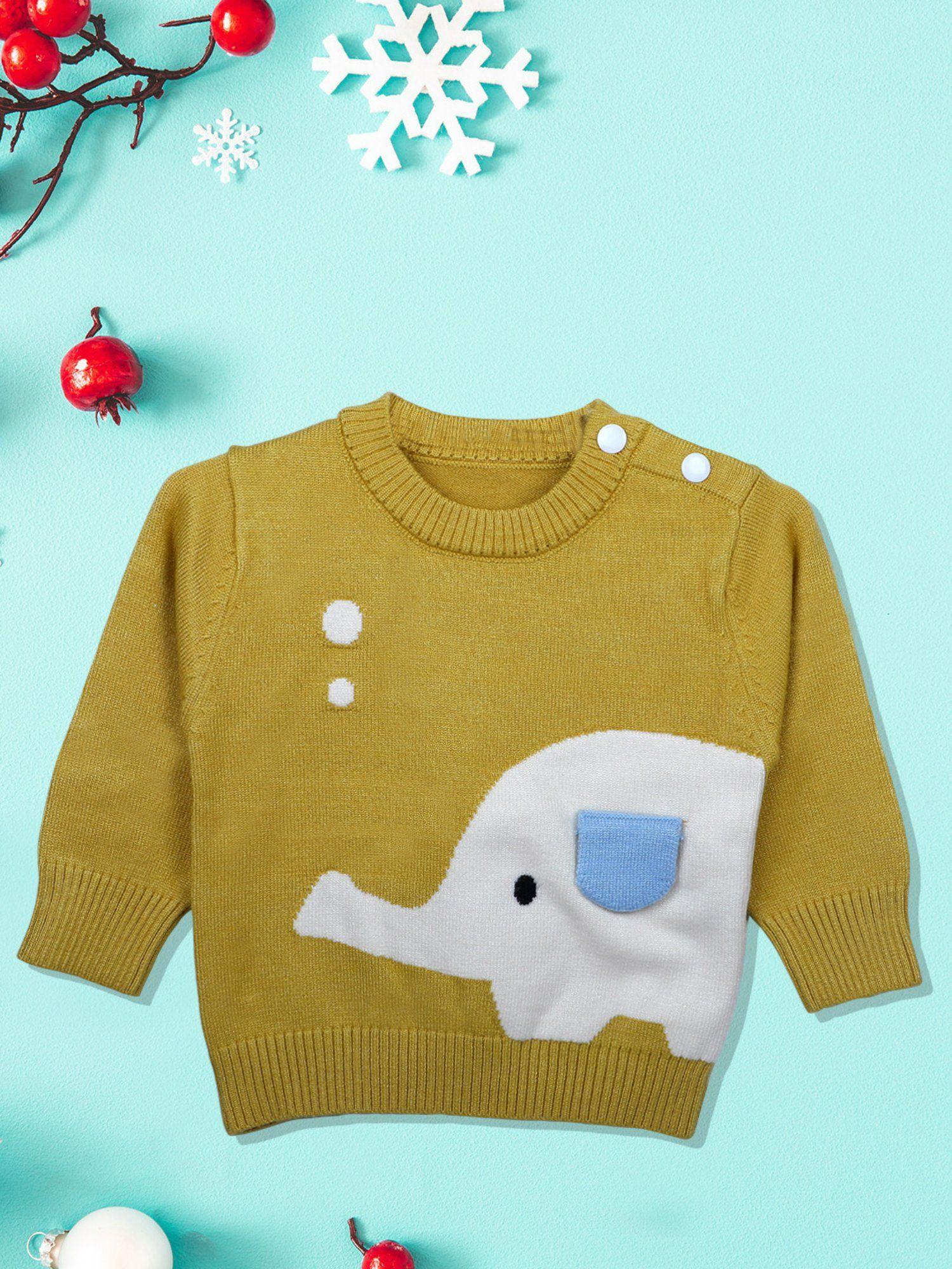 elephant with 3d ear premium full sleeves knitted sweater mustard