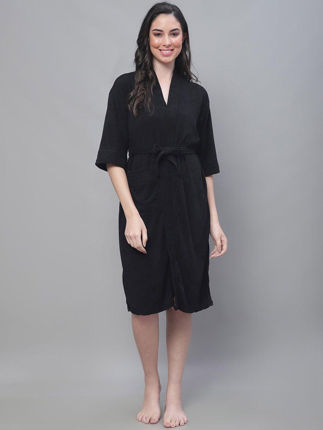 elevanto women black shawl collar with front open bath robe