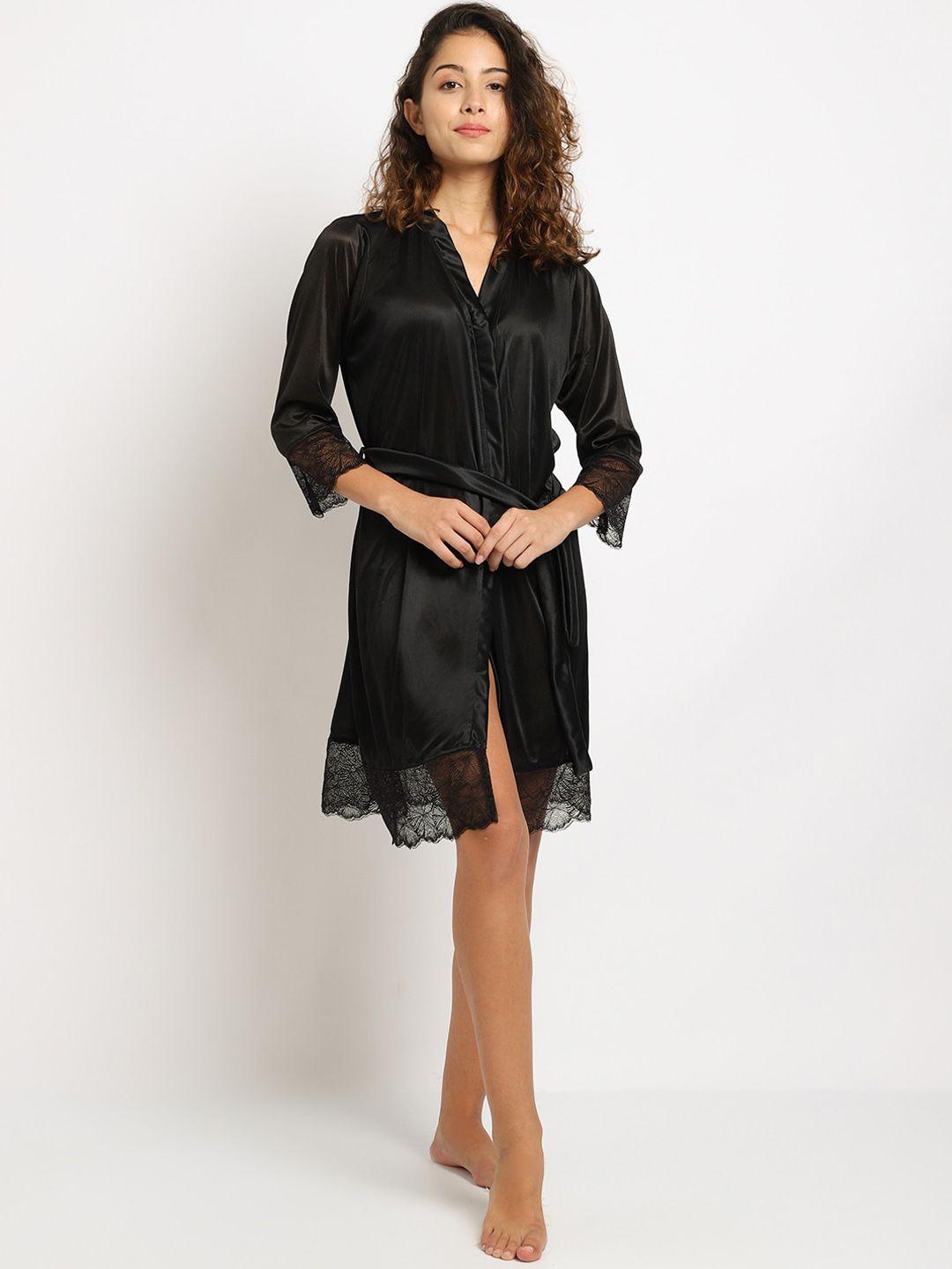 elevanto women black solid bath robe with belt