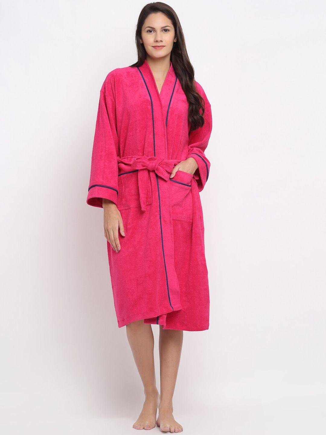 elevanto women fuchsia pink solid 380 gsm pure cotton bath robe