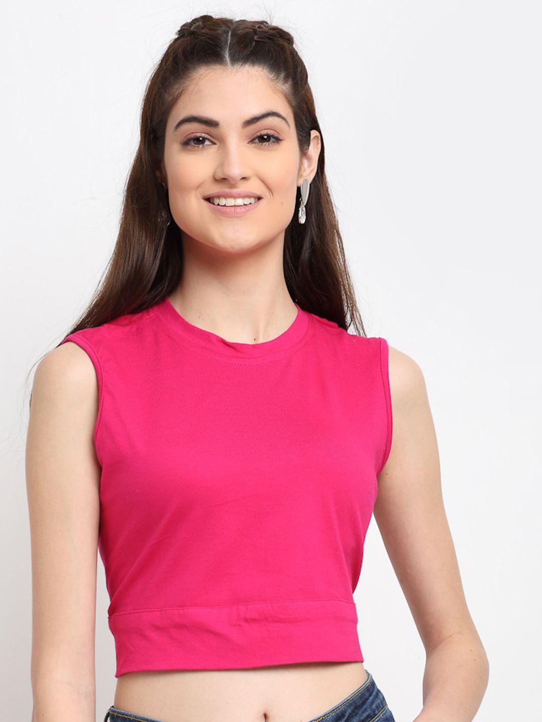 elevanto women fuchsia solid round neck sleeveless styled back pure cotton crop top