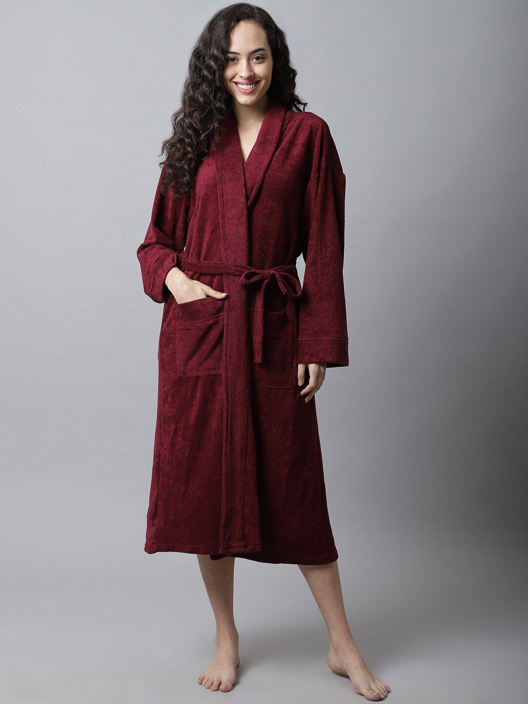 elevanto women maroon solid bath robe