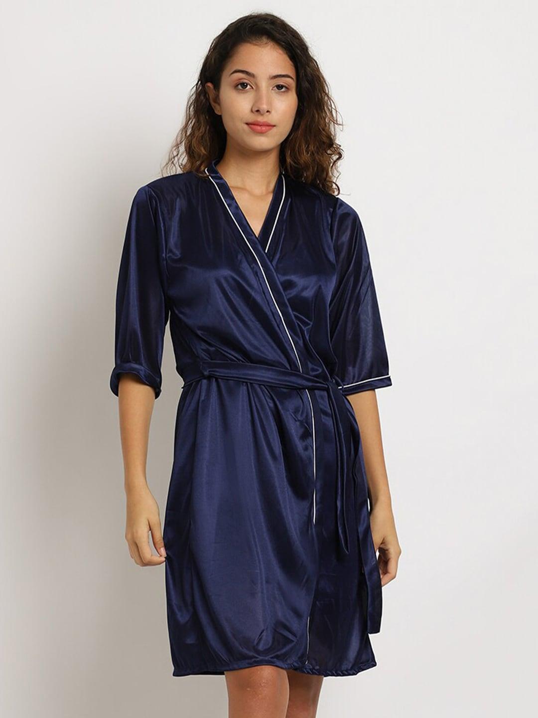 elevanto women navy blue set of 3 piece solid satin  nightdress