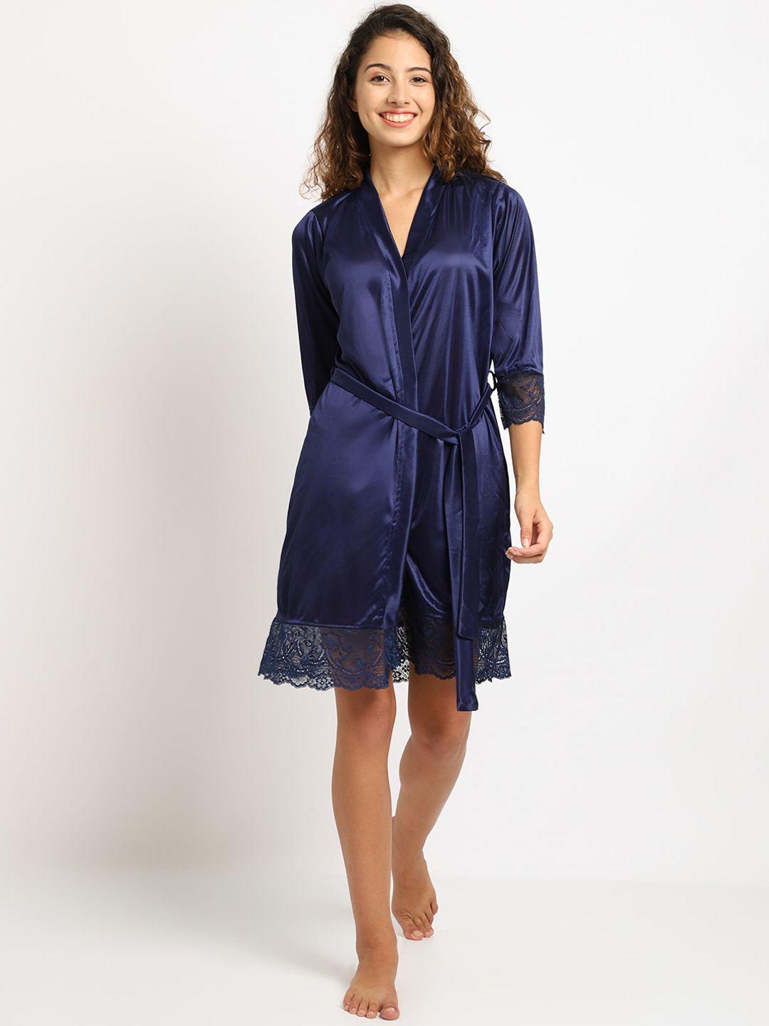 elevanto women navy blue solid bath robe with belt