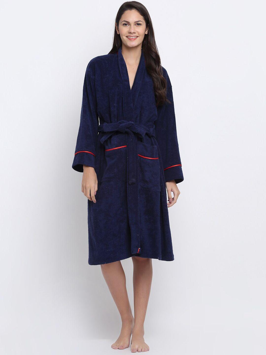 elevanto women navy-blue solid bathrobe