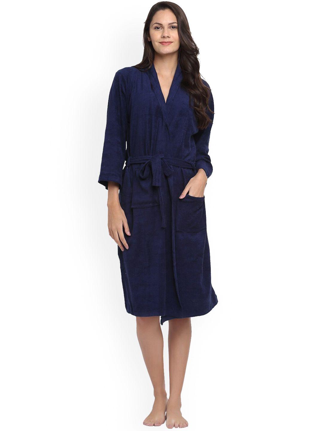 elevanto women navy blue solid pure cotton 180 gsm bath robe