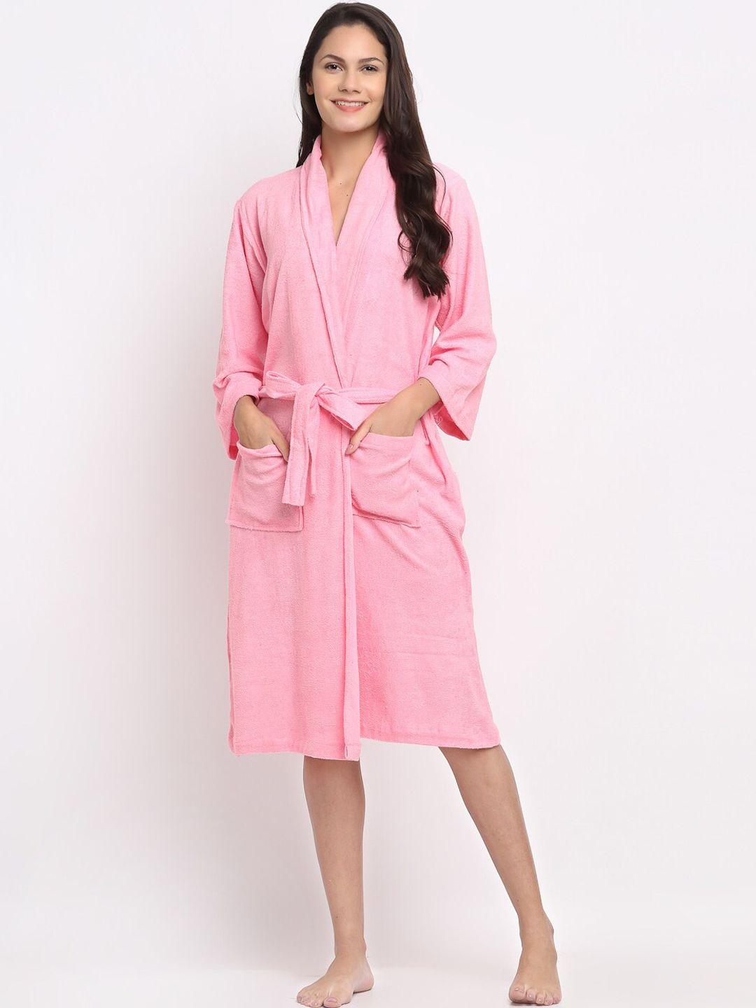 elevanto women pink solid cotton bathrobe