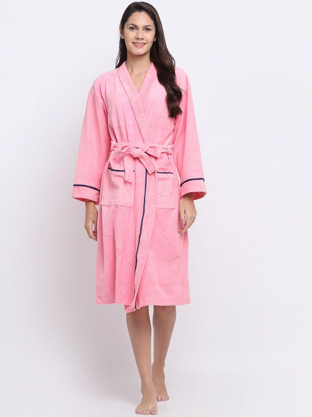 elevanto women pink solid pure cotton 380 gsm bath robe