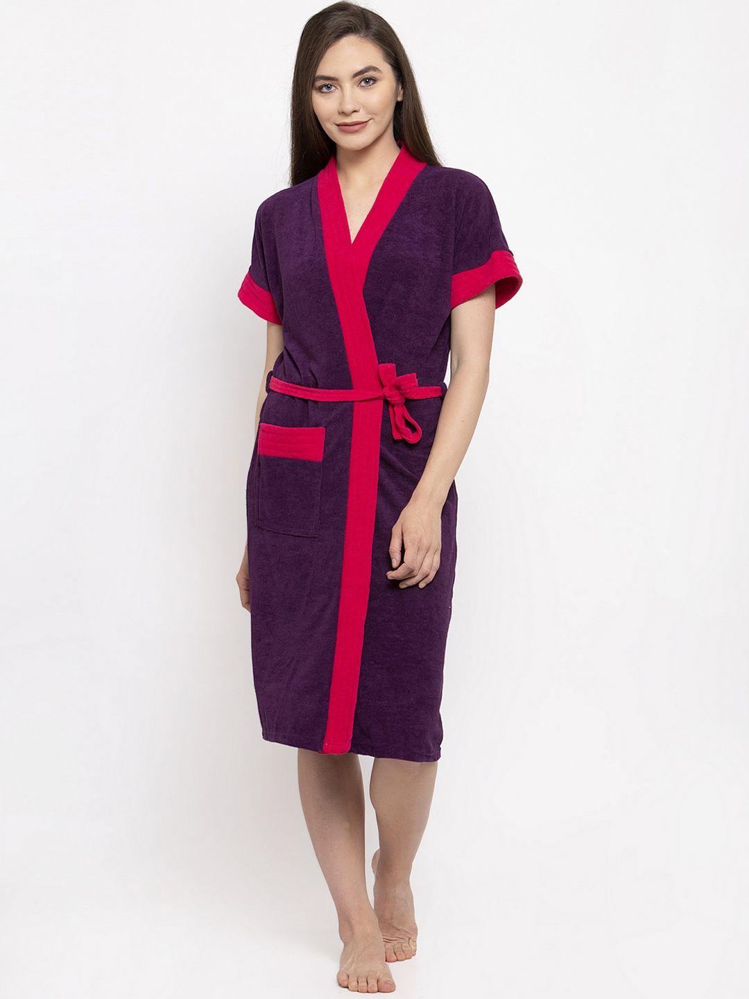 elevanto women purple & pink colourblocked bathmusic bath robe