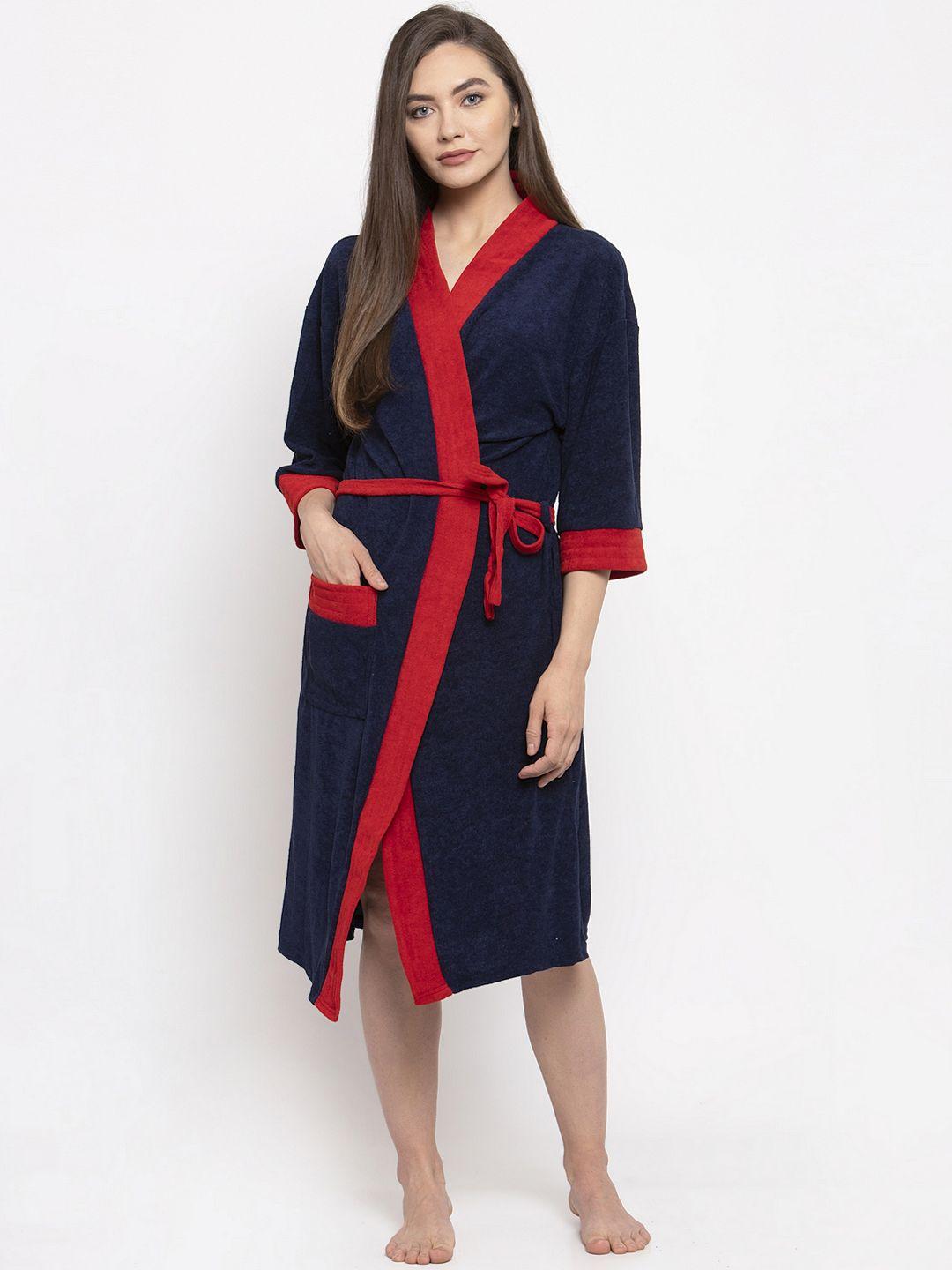 elevanto women red & navy blue solid bath robe