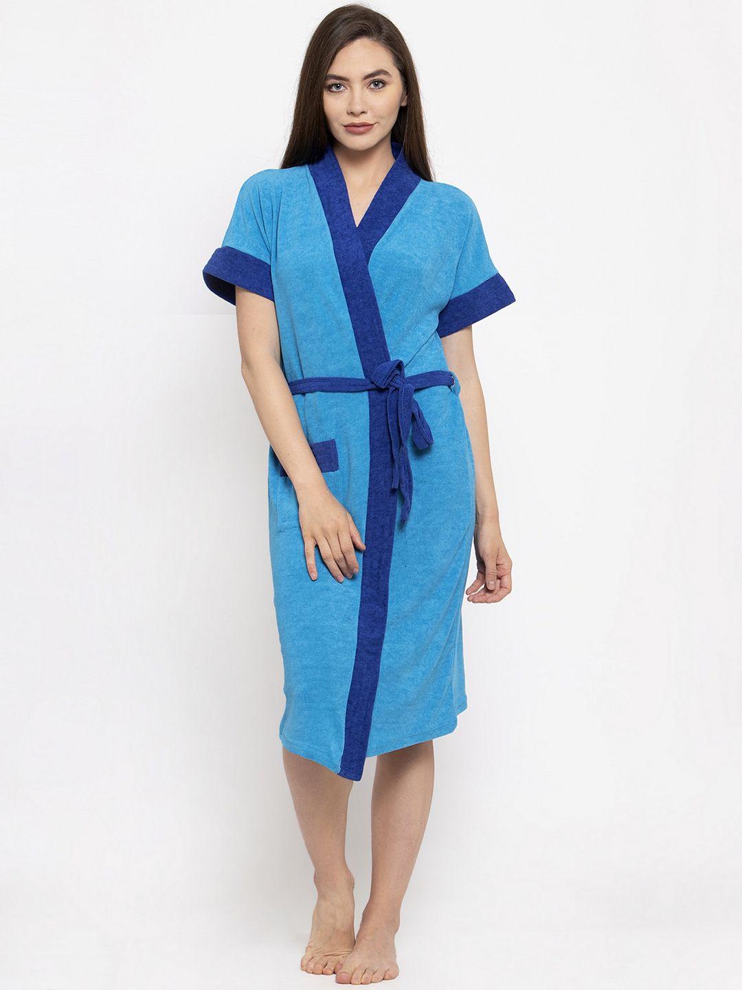 elevanto women turquoise blue solid bath robe