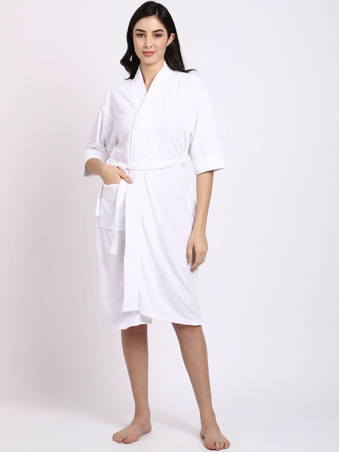 elevanto women white solid bath robe with belt