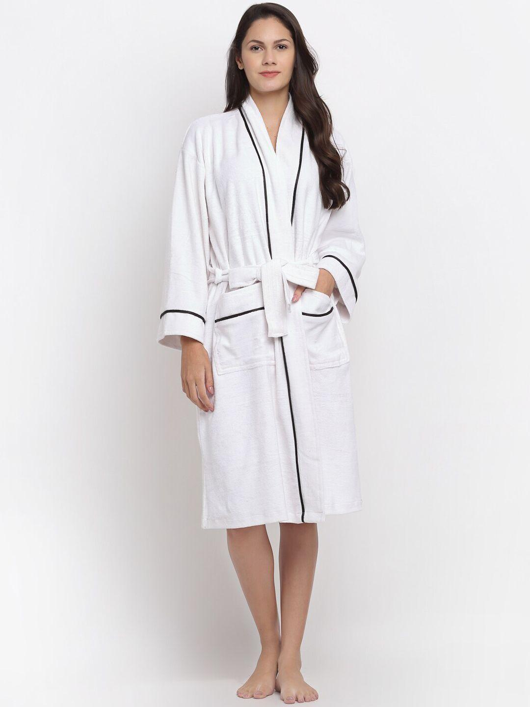 elevanto women white solid pure cotton 380 gsm bath robe